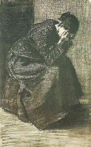 Woman Sitting on a Basket with Head in Hands